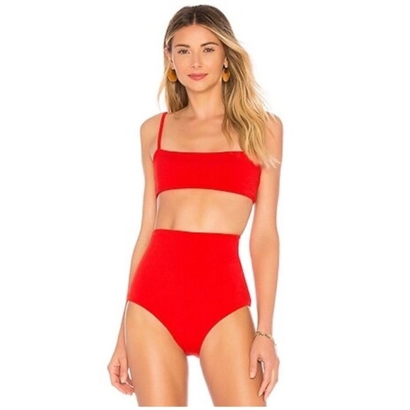 Mara Hoffman Sia Red Ribbed Straight Neck Bikini Swimsuit Top Size XS - Picture 4 of 12